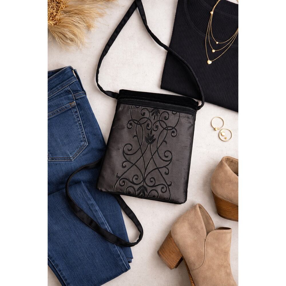 Black Velvet Crossbody Bag Embroidered Scroll Small Boho Evening Purse